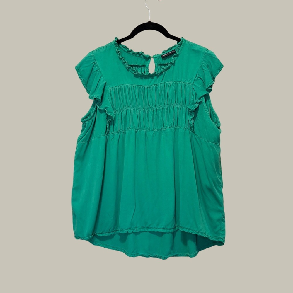 APNY Ruffle Sleeve Blouse Women XL Green Smocked Tencel Boho Cottagecore Peasant